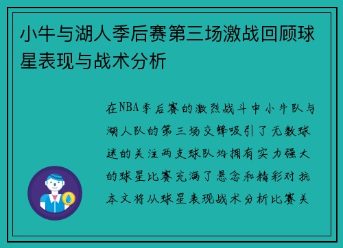 小牛与湖人季后赛第三场激战回顾球星表现与战术分析