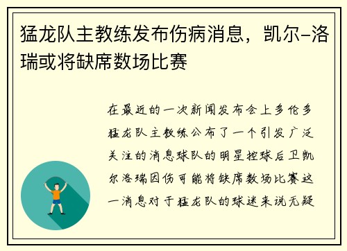 猛龙队主教练发布伤病消息，凯尔-洛瑞或将缺席数场比赛