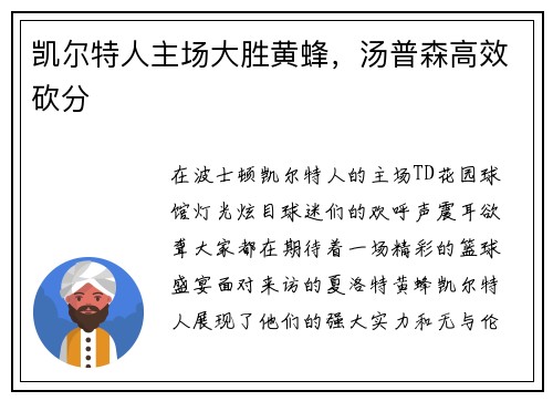 凯尔特人主场大胜黄蜂，汤普森高效砍分