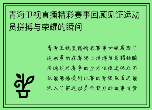 青海卫视直播精彩赛事回顾见证运动员拼搏与荣耀的瞬间
